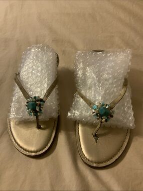 Ann Taylor Metallic Gold Thong Sandals with Turquoise Bauble Accent